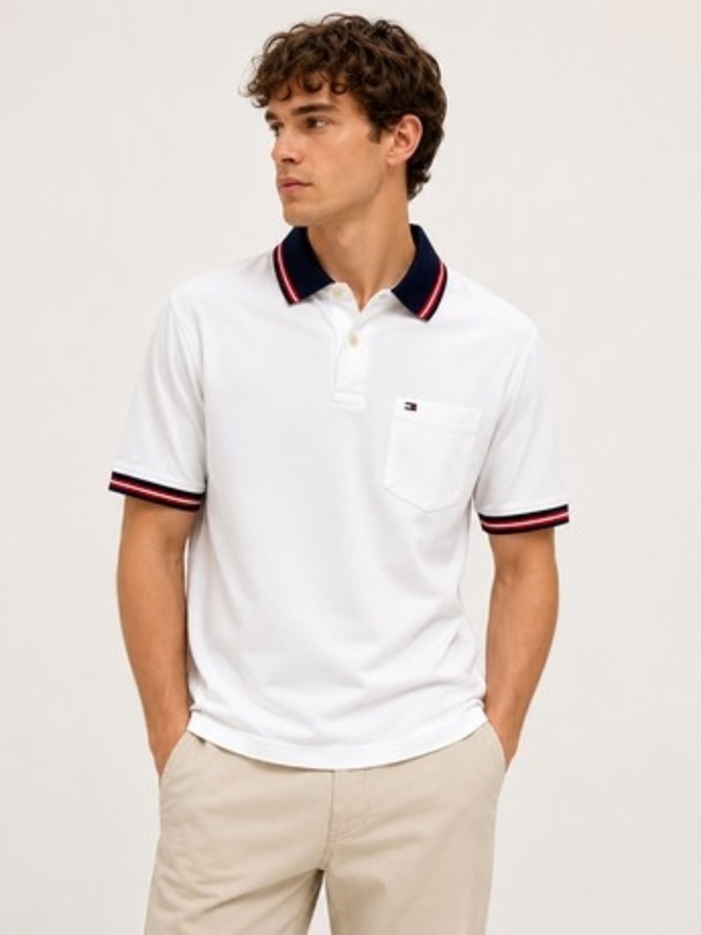 Nwt Tommy Hilfiger White Polo with Navy Contrast Collar and Red Trim